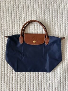 Longchamp Navy Tote with Brown Leather Trim
